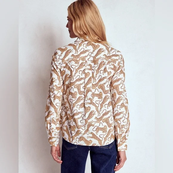 Boden Sienna Cotton Shirt Size 6 Leaping Leopard Button Up White Tan Long Sleeve - Picture 9 of 16